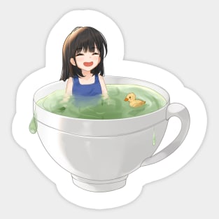 Cute Kawaii Anime Girl Is Bathing In Green Tea Cup Sticker